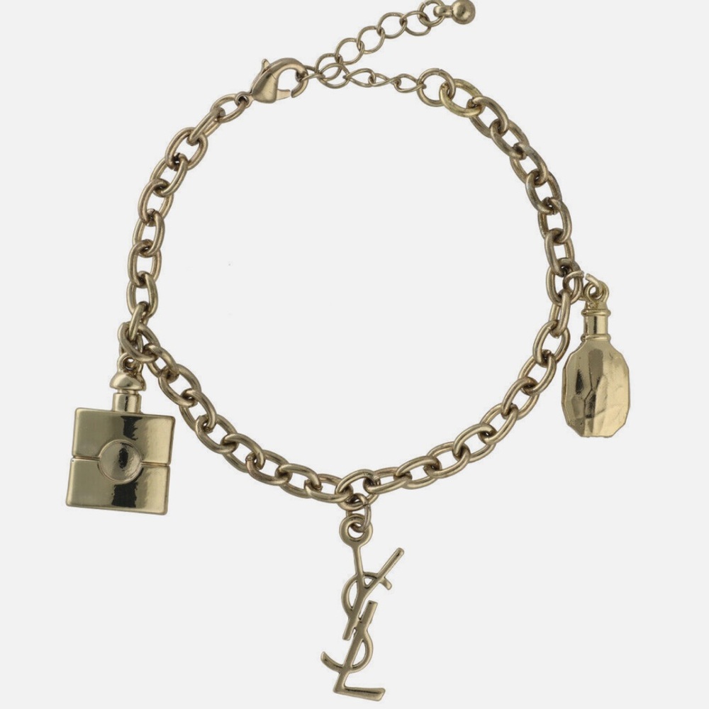 NWOT YSL Yves Saint Laurent Gold Plated Perfume Logo Charm Bracelet